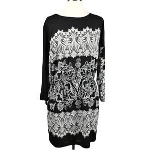 BCBGMAXAZRIA Shift Dress Black Paisley Lace Print Round Neck Tunic Medium EUC